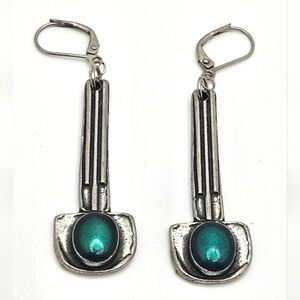 NES Canadian Designer Pewter Metallic Green Enameled Modernist Earrings